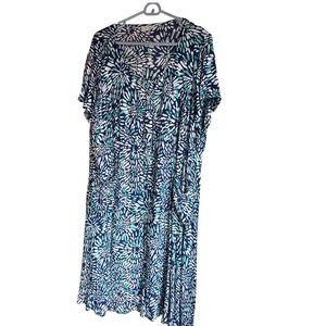 Komil Womens Blue Green Abstract Sunburst Rayon Button Front Midi Dress XL